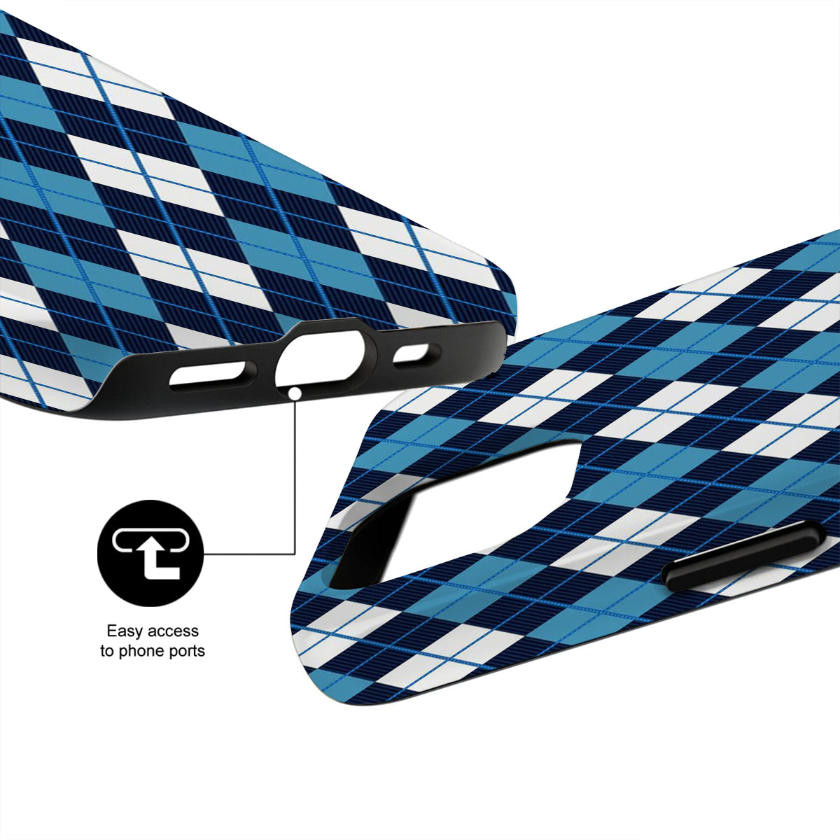Blue and white checkered phone case with clear ports on a white background