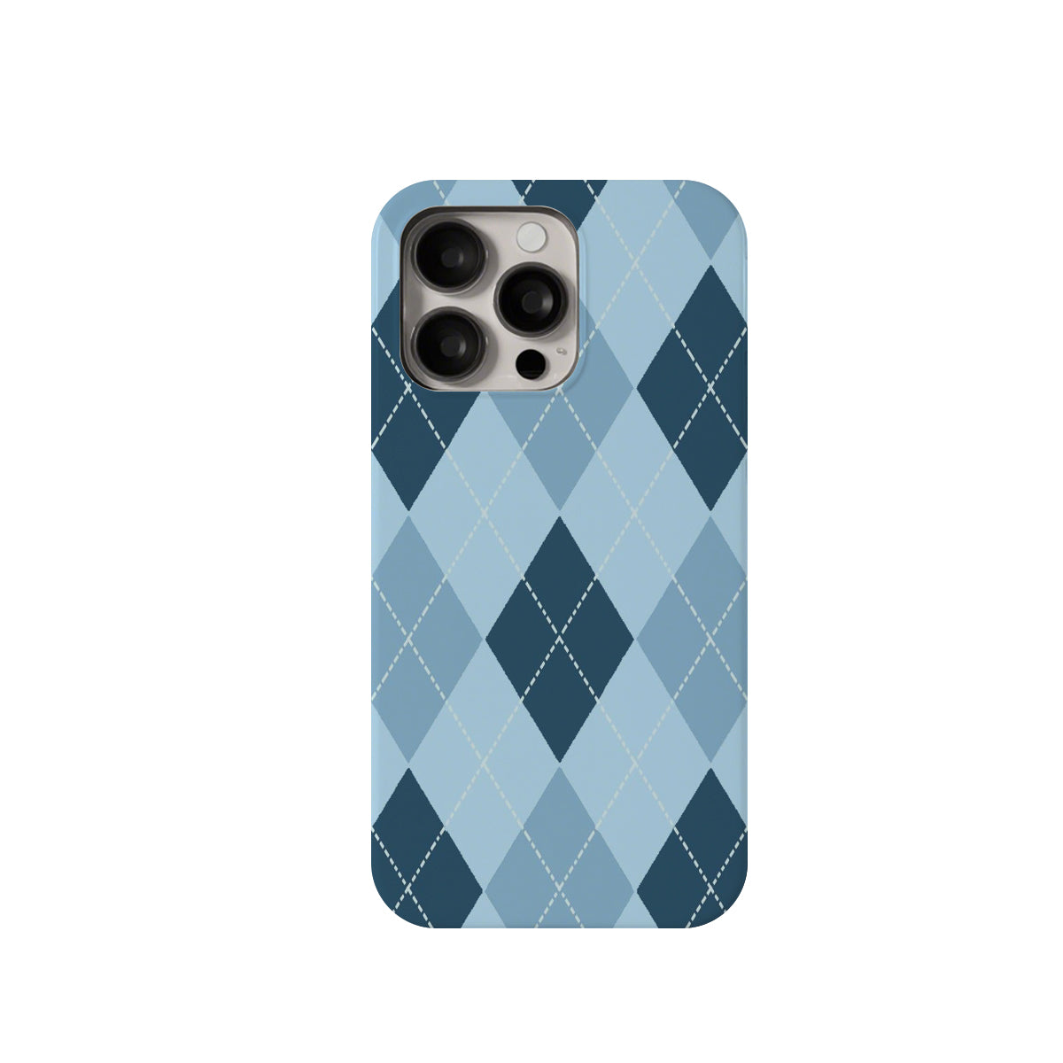 Phone case with blue and navy argyle pattern on a white background