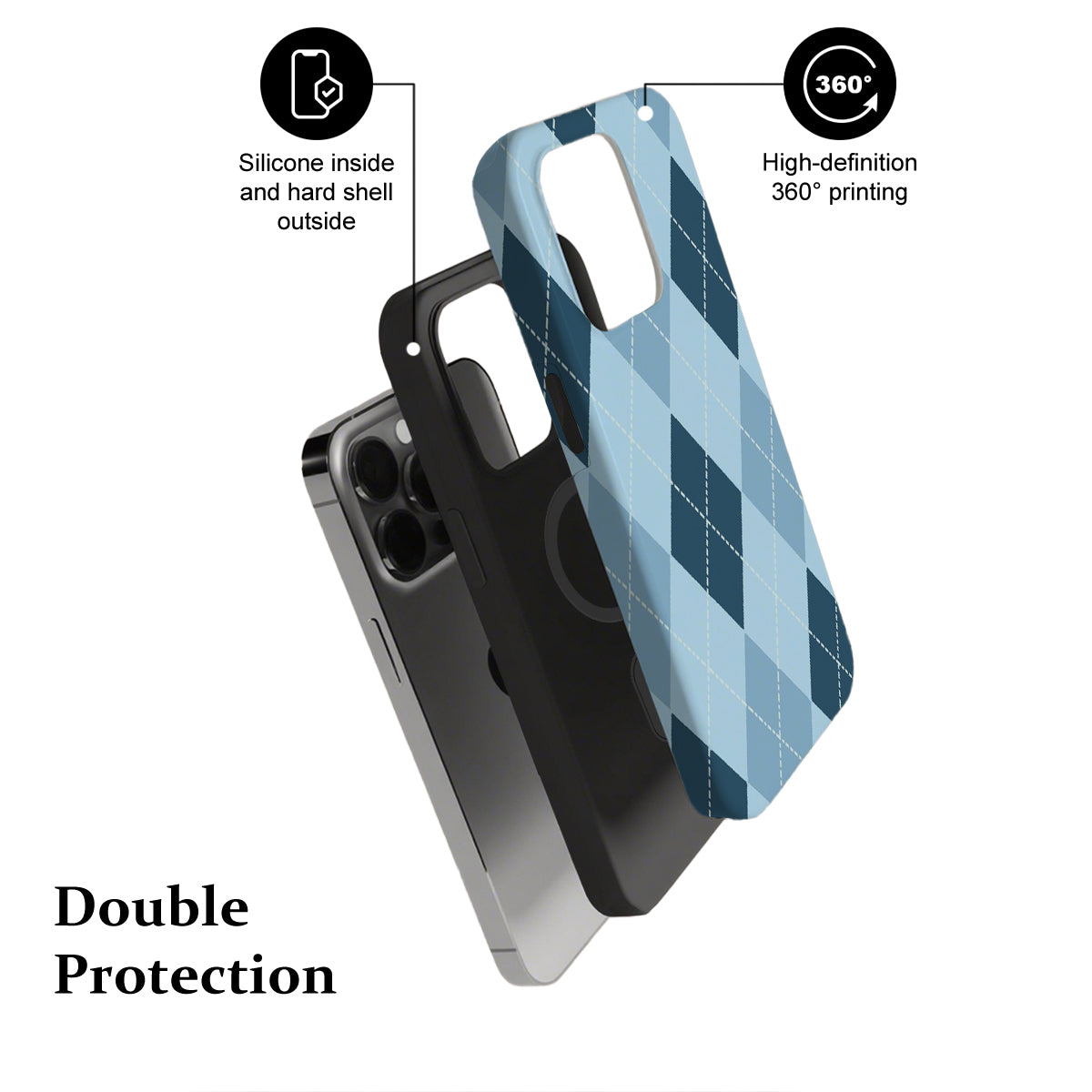 Phone case with blue plaid pattern and text highlighting features on a white background