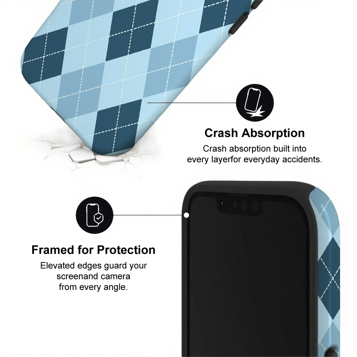 Phone case with blue argyle pattern and text highlighting crash absorption and protection features.