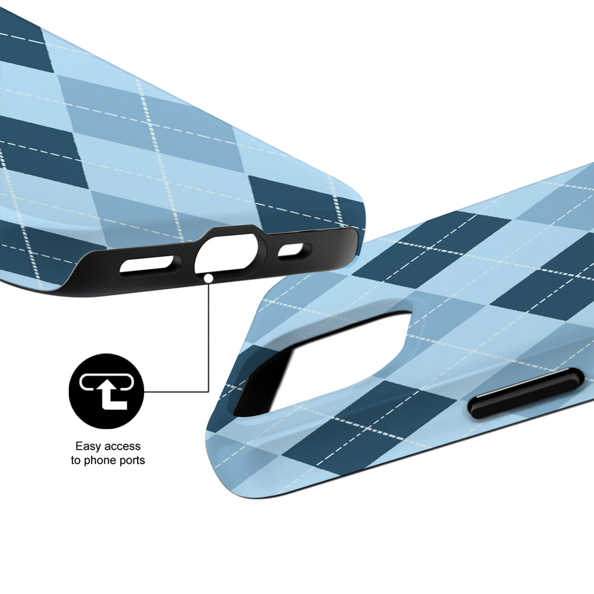 Blue and black checkered phone case with ports highlighted on a white background