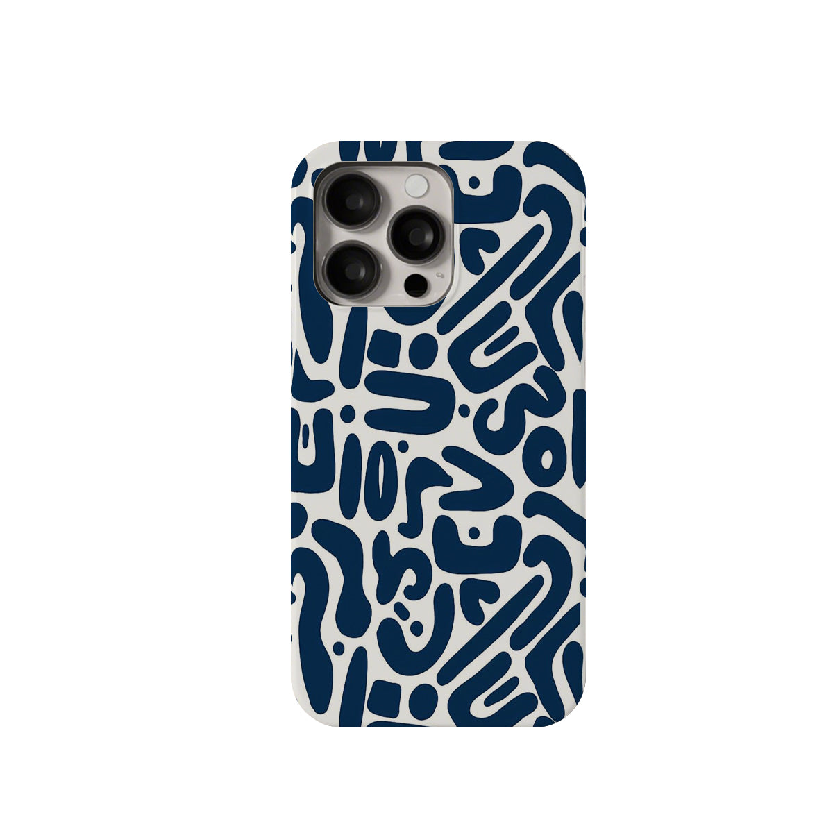 Phone case with blue and white abstract pattern on a white background