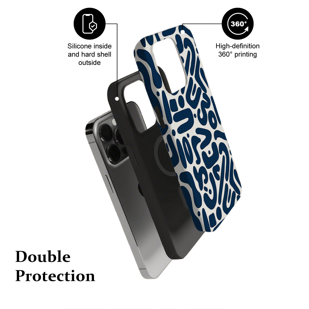 Phone case with blue and white pattern, featuring text about material and printing quality.