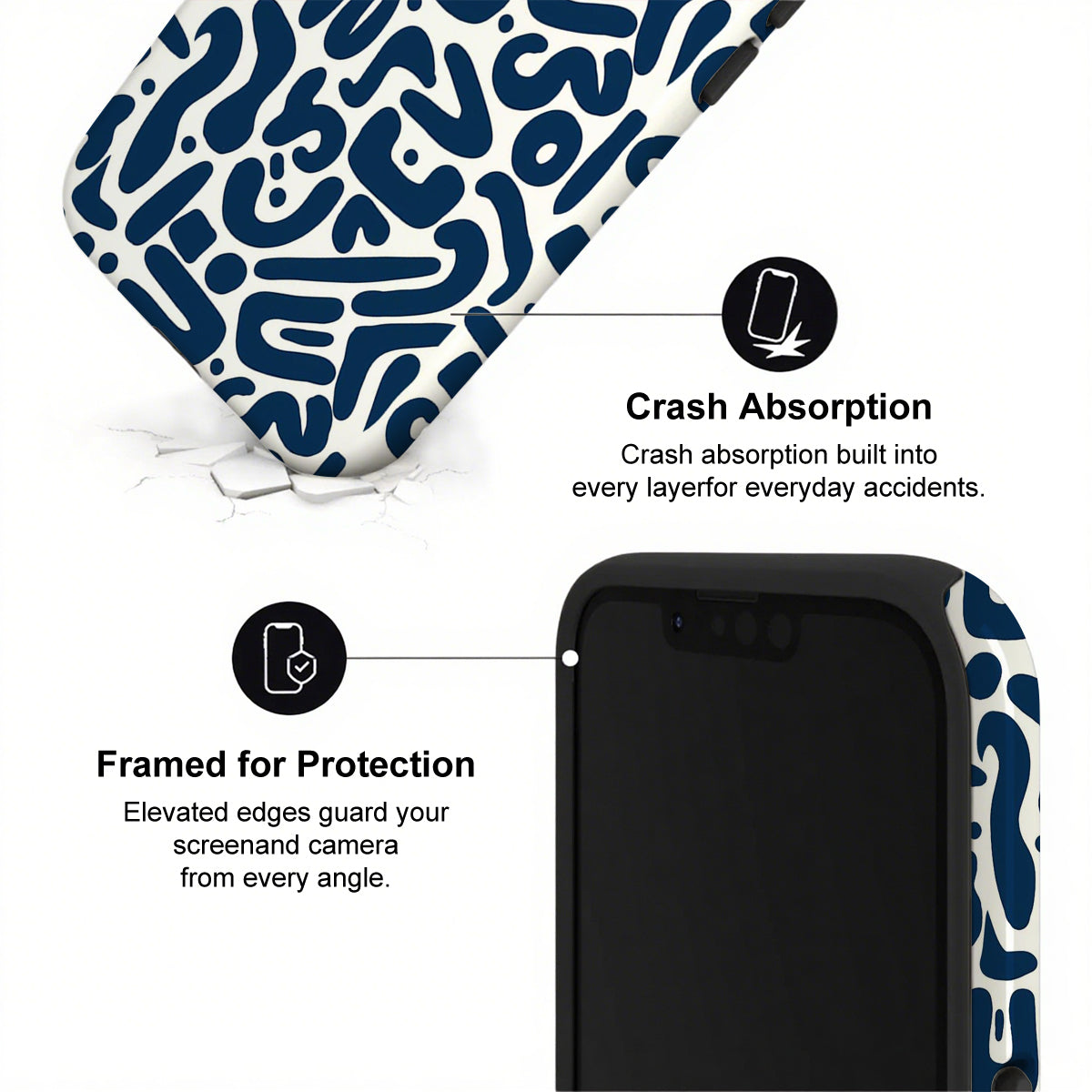 Phone case with blue abstract pattern and text highlighting crash absorption and protection features.