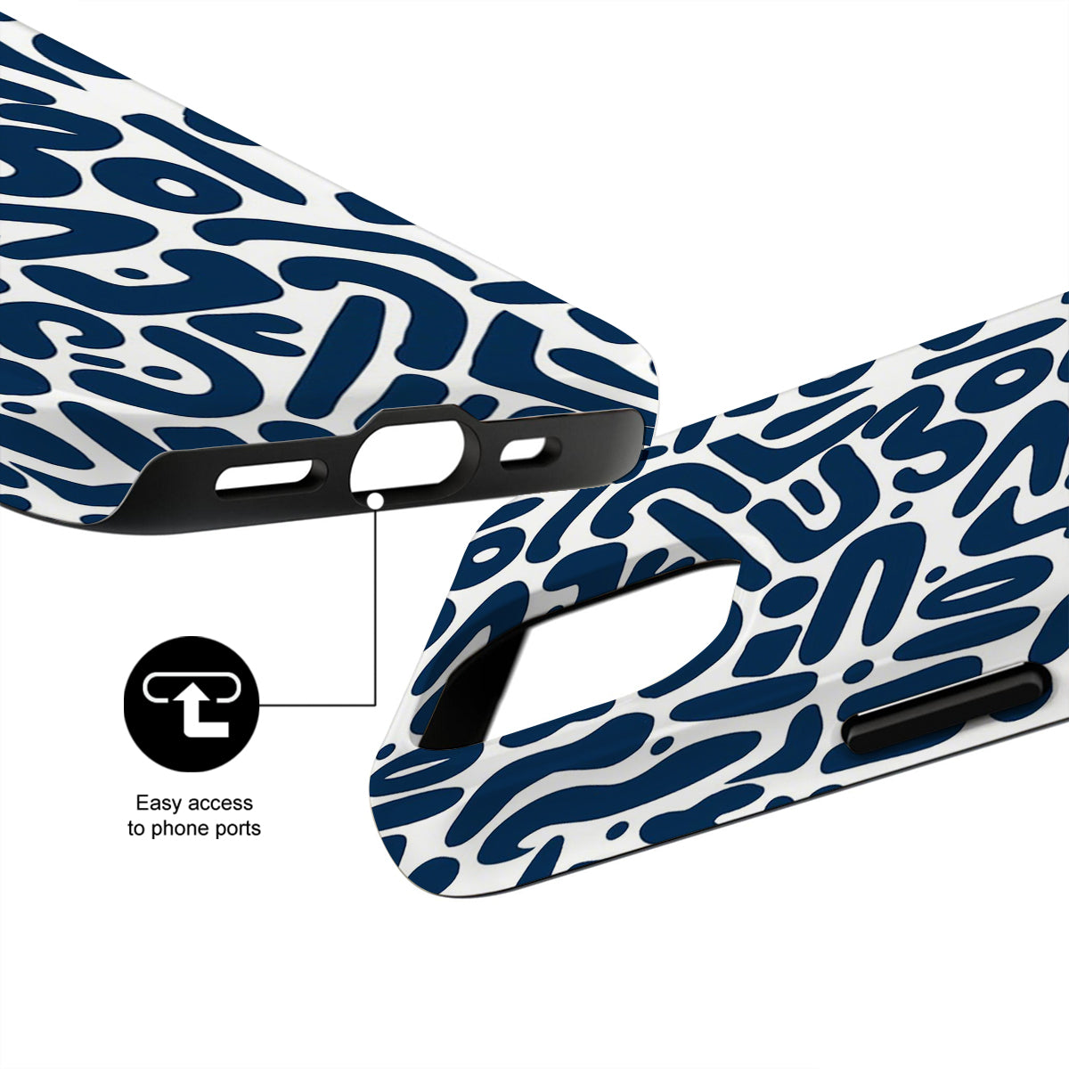 Phone case with blue and white abstract pattern and text 'Easy access to phone ports' on a white background
