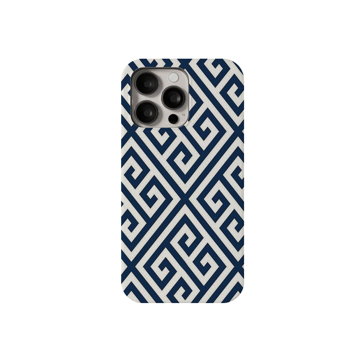 Phone case with blue and white geometric pattern on a white background