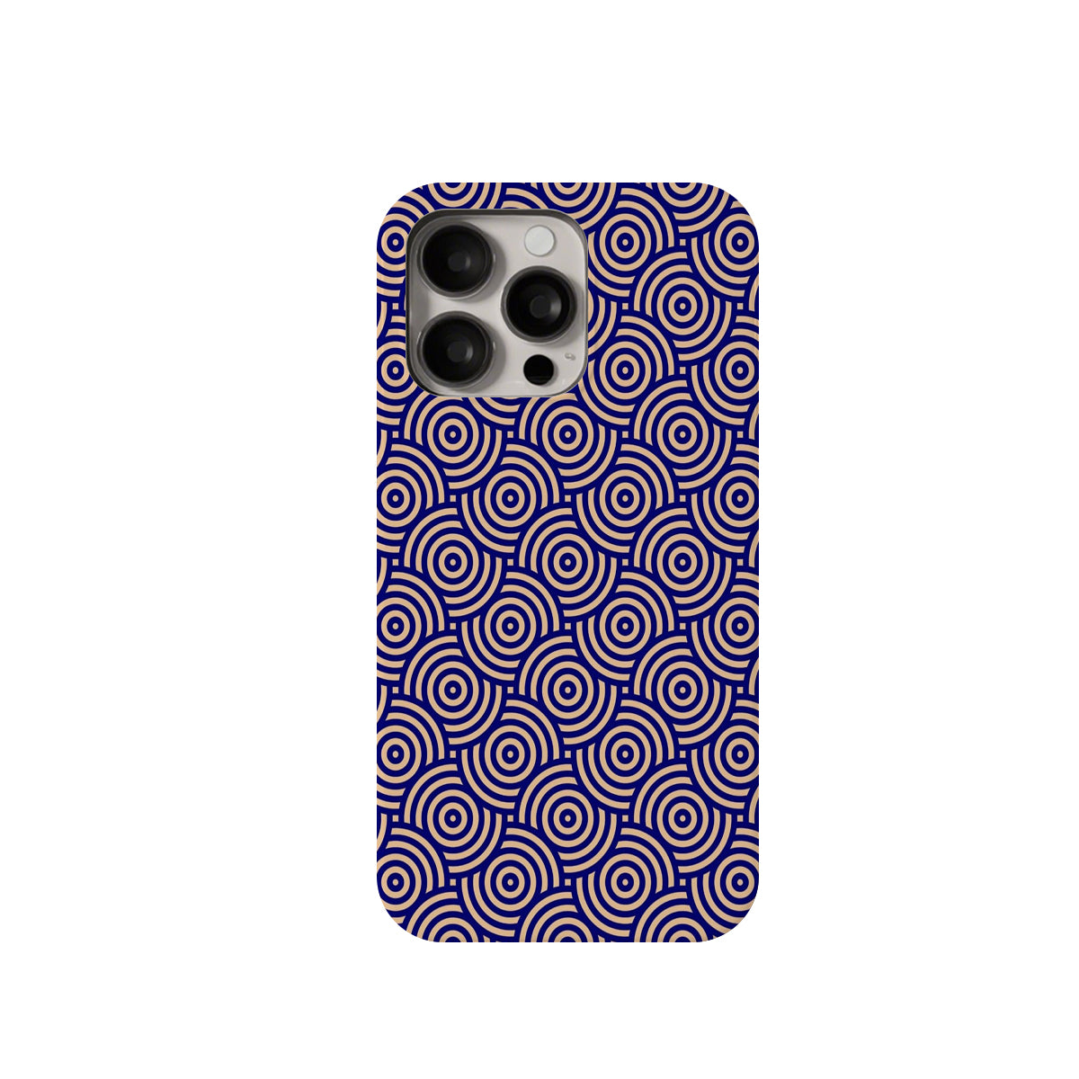 Phone case with a blue and white circular pattern on a white background