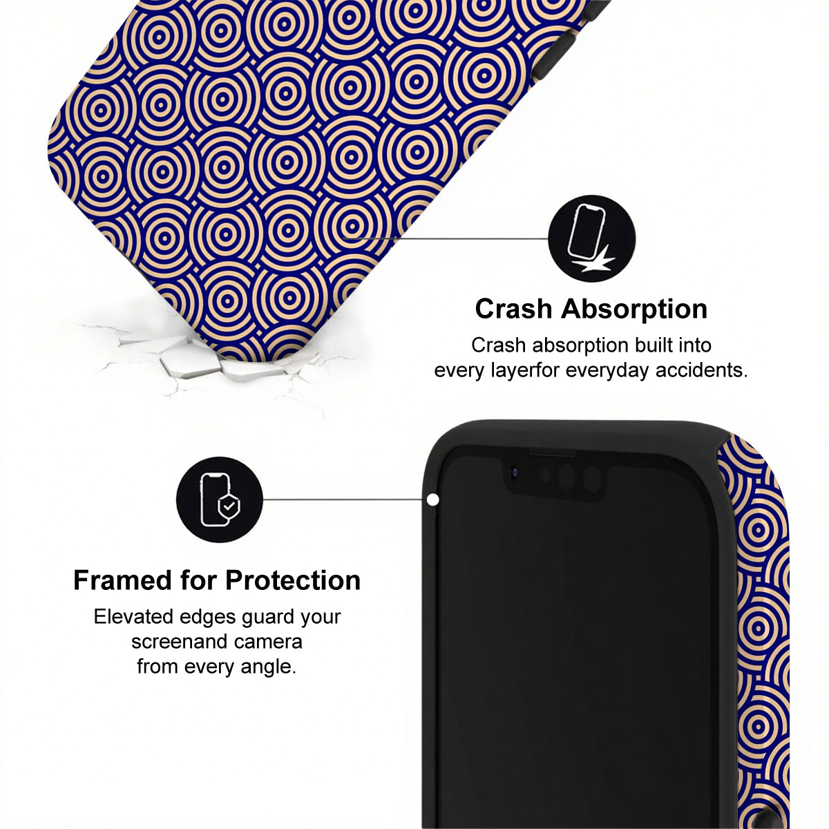 Phone case with circular pattern and text highlighting crash absorption and protection features.
