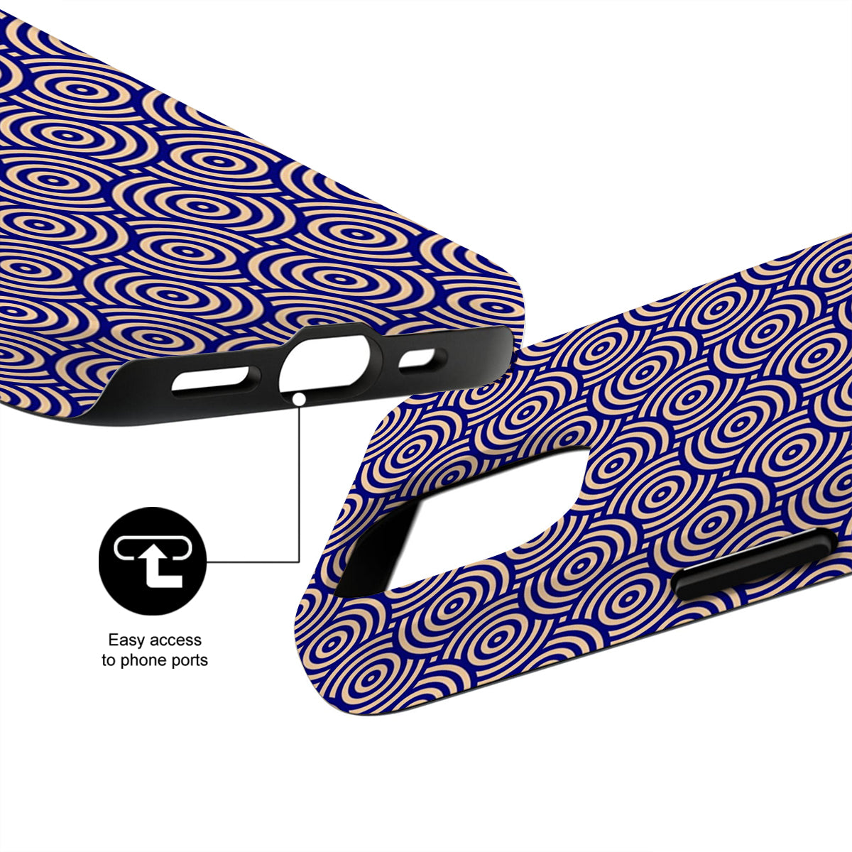 Phone case with blue and white circular pattern on a white background