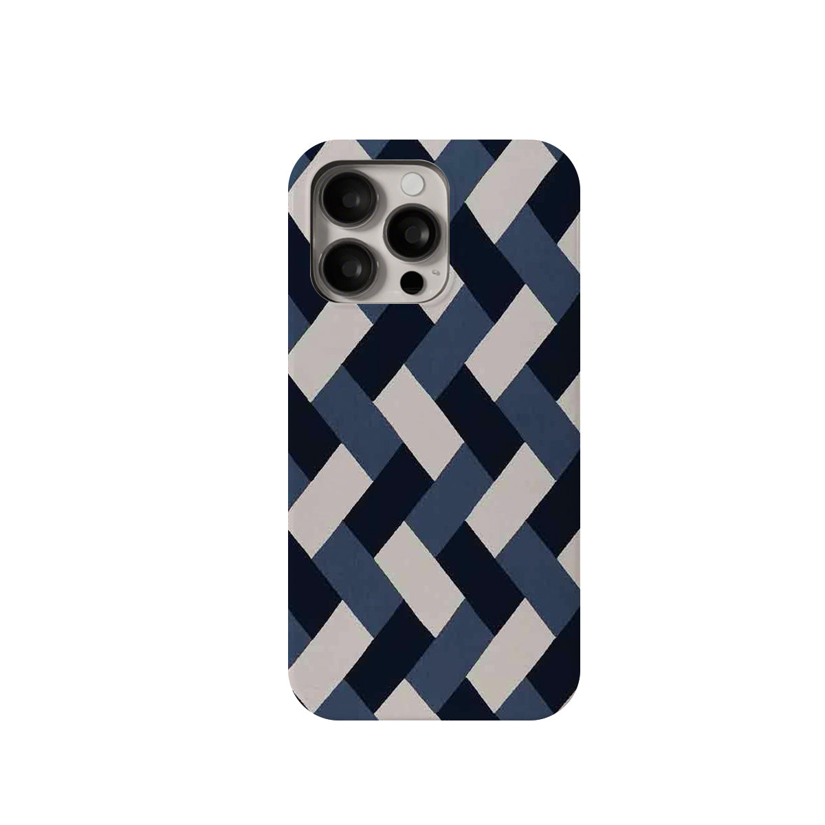 Phone case with blue and gray plaid pattern on a white background