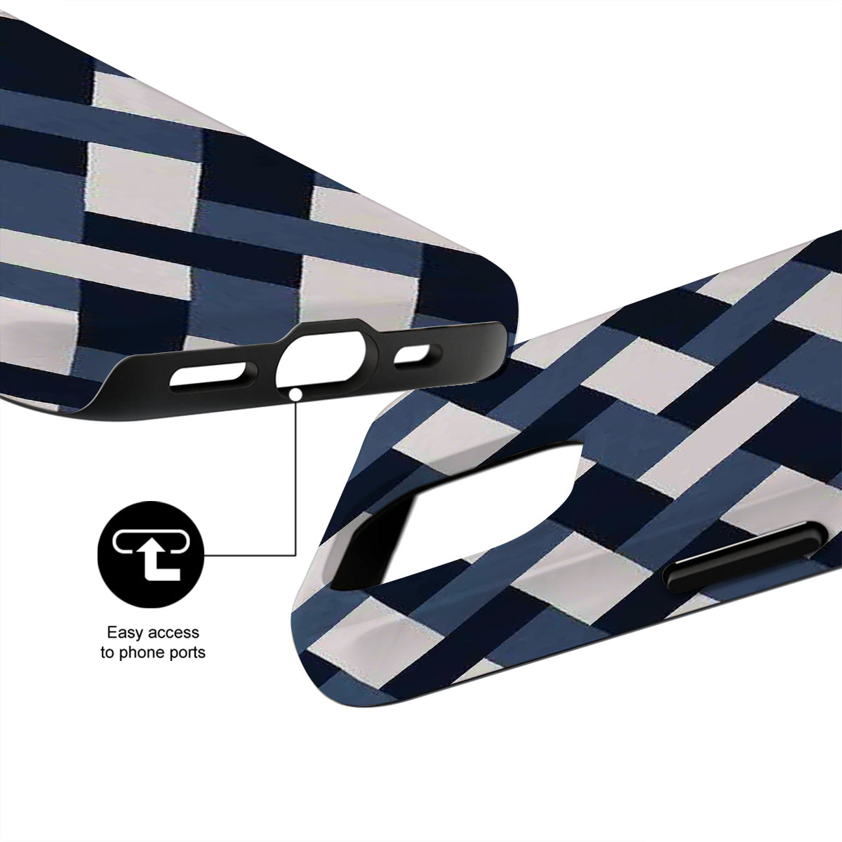 Blue and white checkered phone case with ports accessible design on a white background