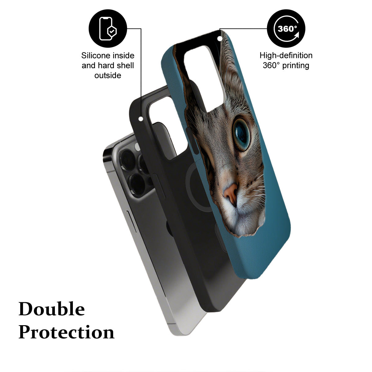 Phone case with a cat design, featuring text on protection and printing quality.
