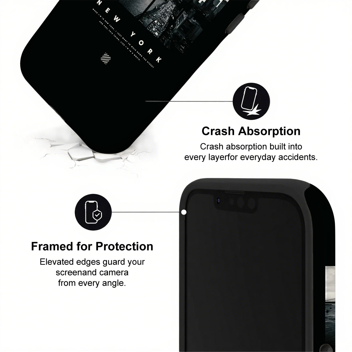 Black phone case with text highlighting crash absorption and protection features on a white background.