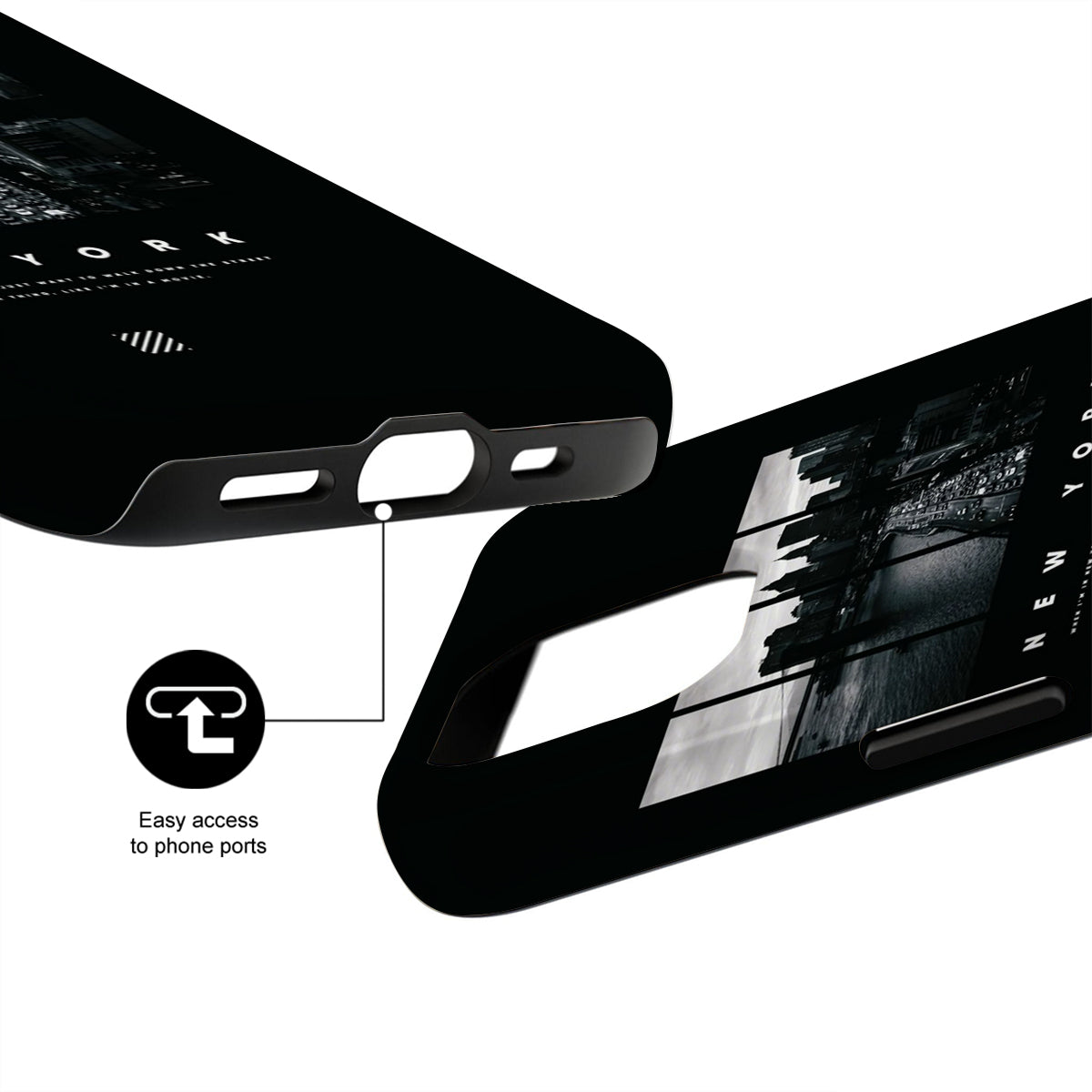 Black phone case with design and text, showing ease of access to phone ports.