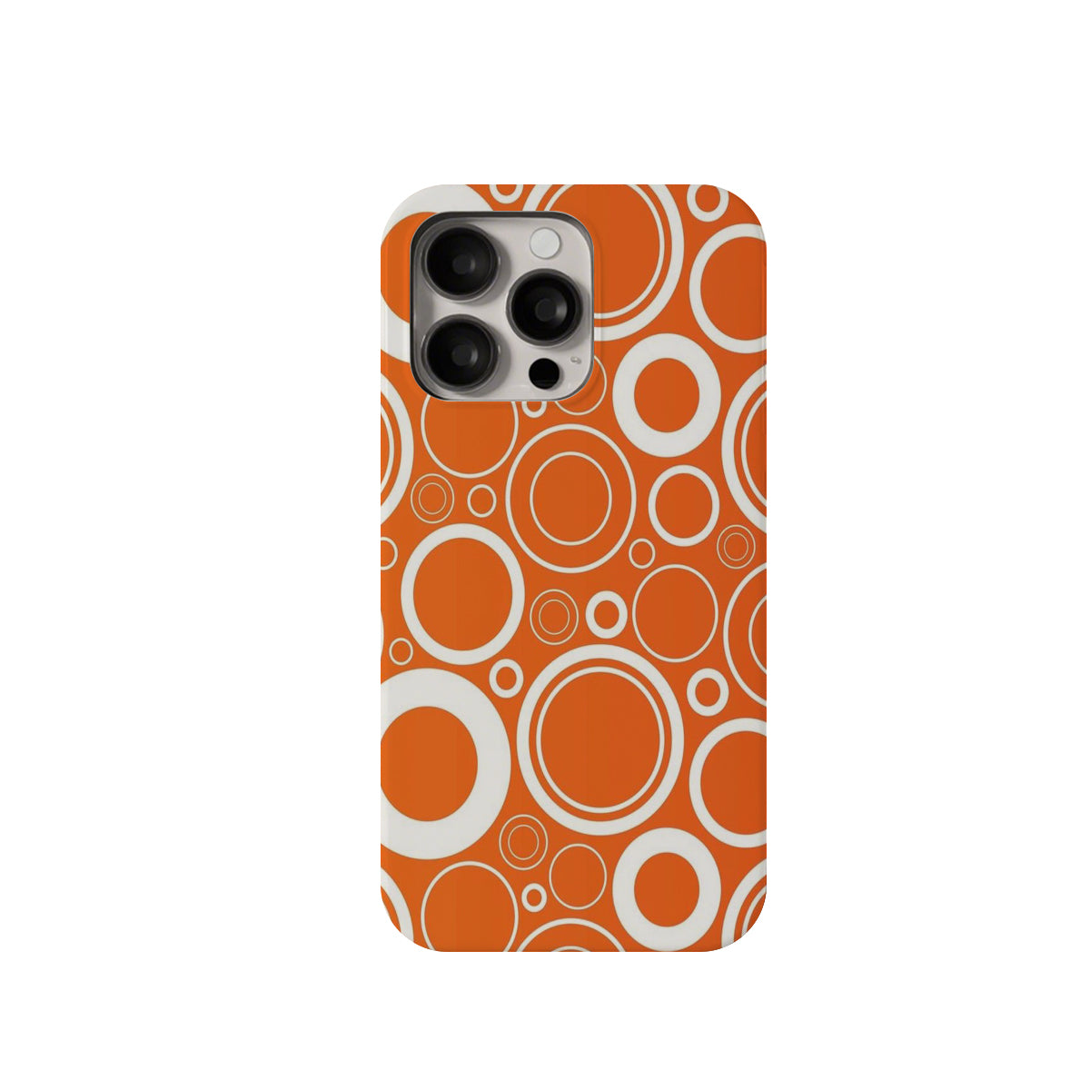 Phone case with orange and white circular pattern on a white background