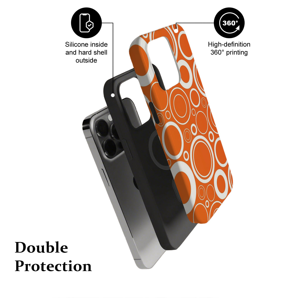 Phone case with orange and white circular pattern, labeled for features on a white background