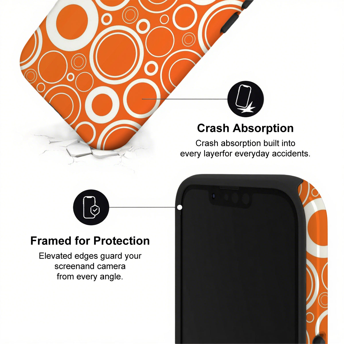 Phone case with orange and white circular pattern and text about crash absorption and protection.