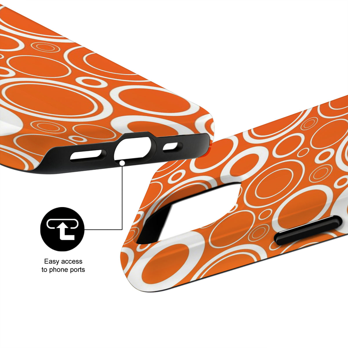 Orange and white patterned phone case with black accents on a white background