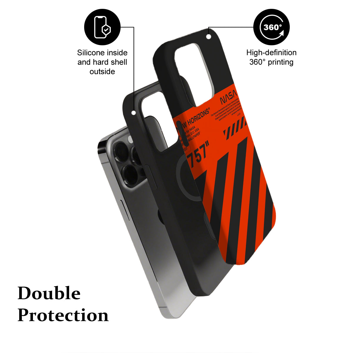 Phone case with NASA design and text highlighting features on a white background