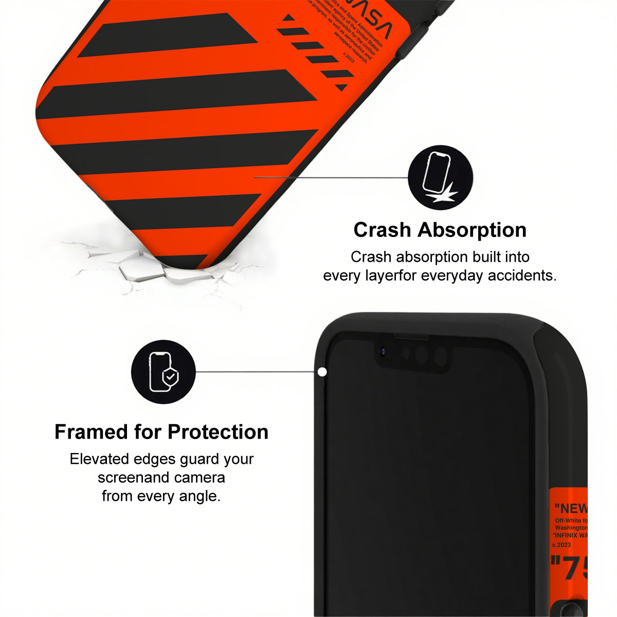 Phone case with crash absorption and protection features on a white background