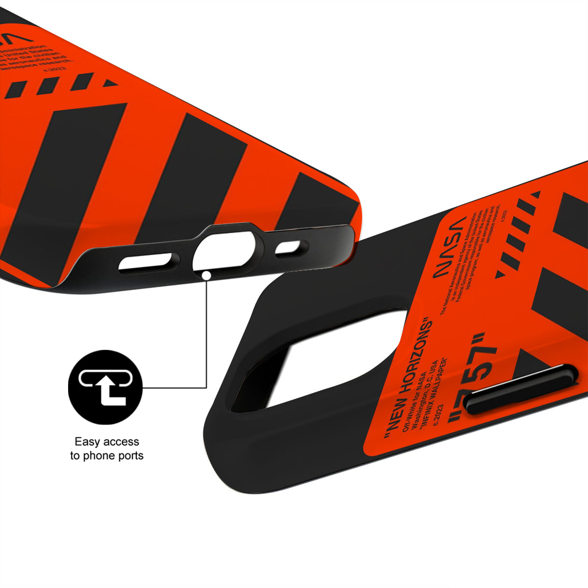 Orange and black phone case with branding and product details on a white background