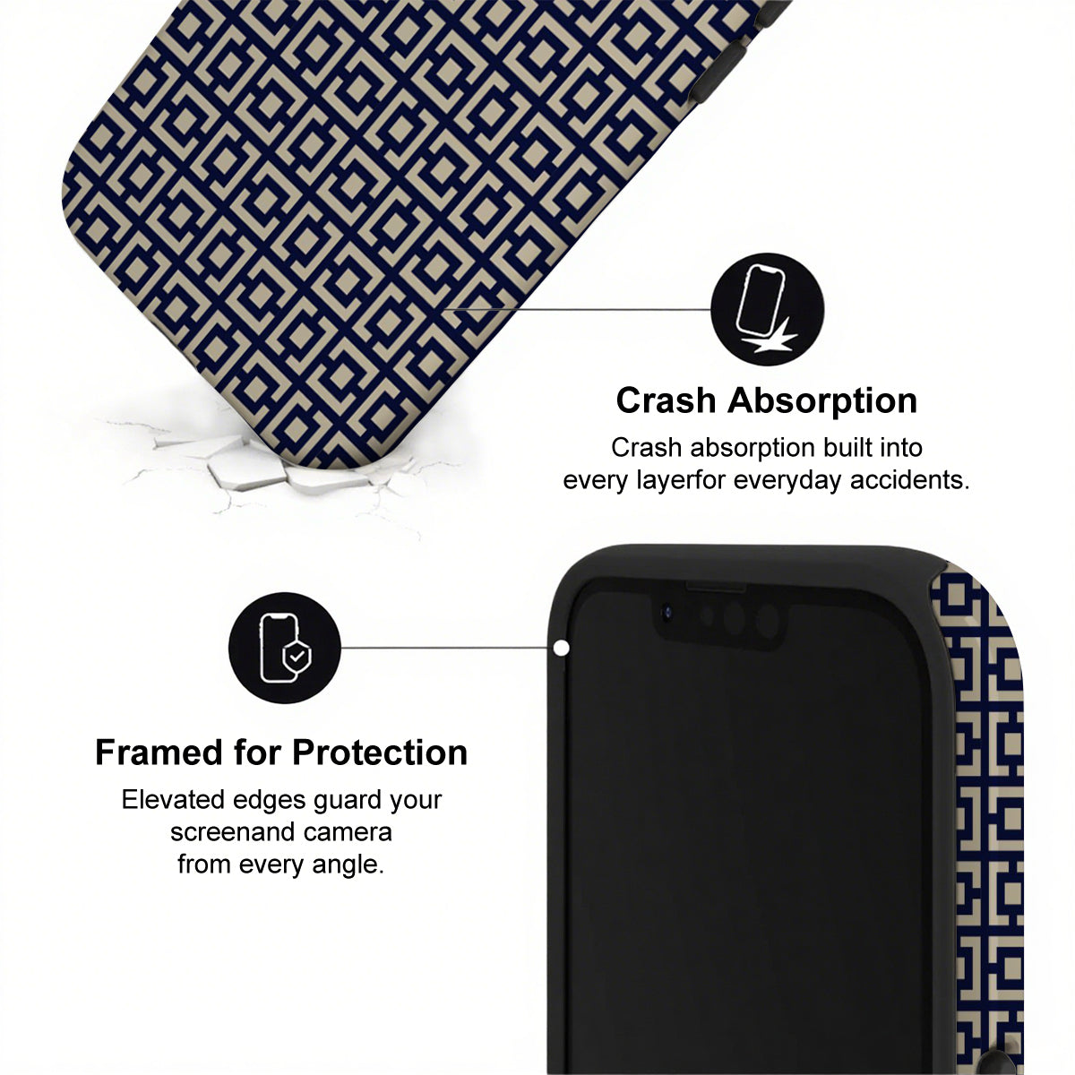 Phone case with geometric pattern and text highlighting crash absorption and protection features.
