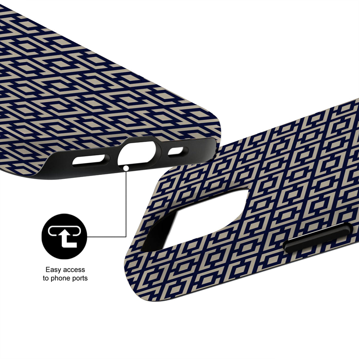 Phone case with geometric pattern and easy access to phone ports feature