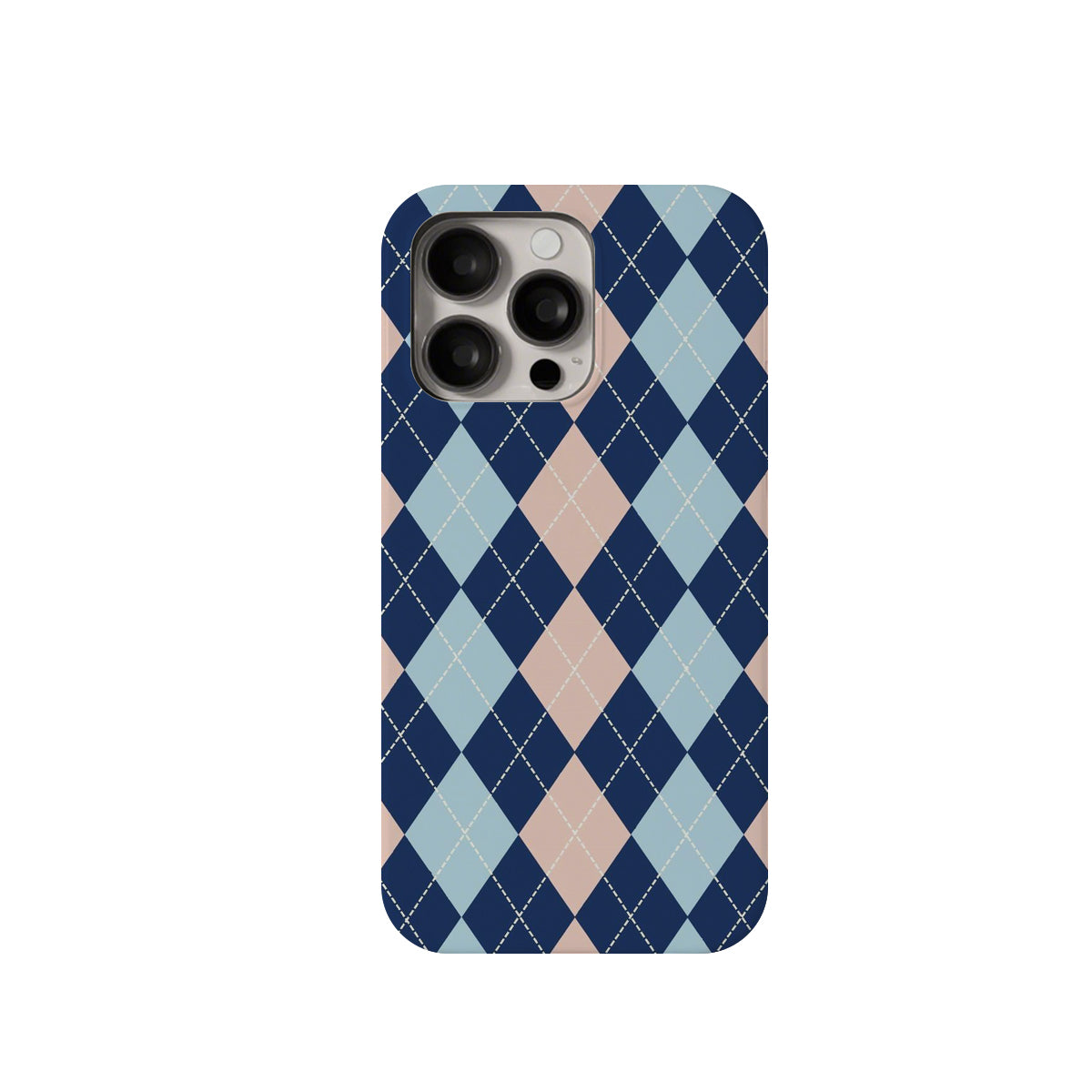 Phone case with blue and beige argyle pattern on a white background