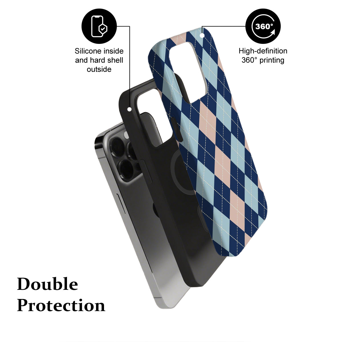 Phone case with plaid design and text highlighting features on a white background