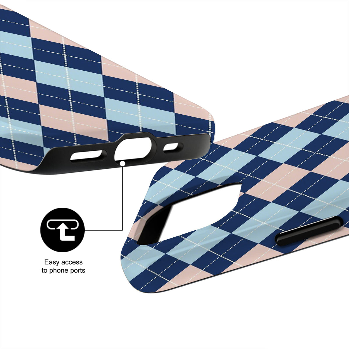 Blue and pink checkered phone case with black accents on a white background