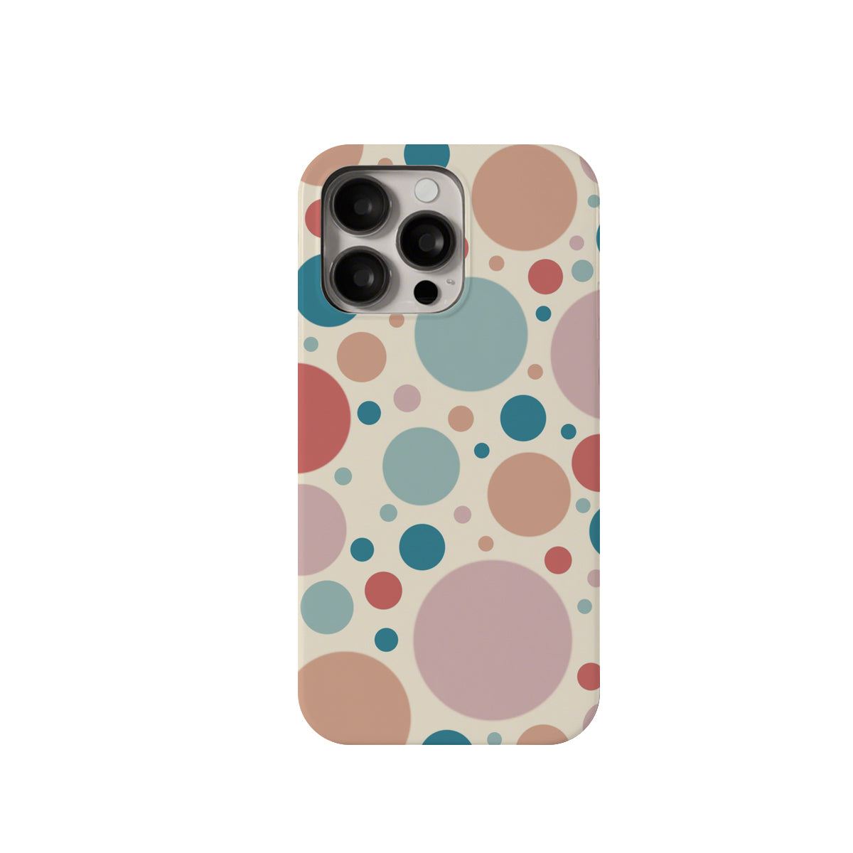 Phone case with colorful polka dot pattern on a beige background