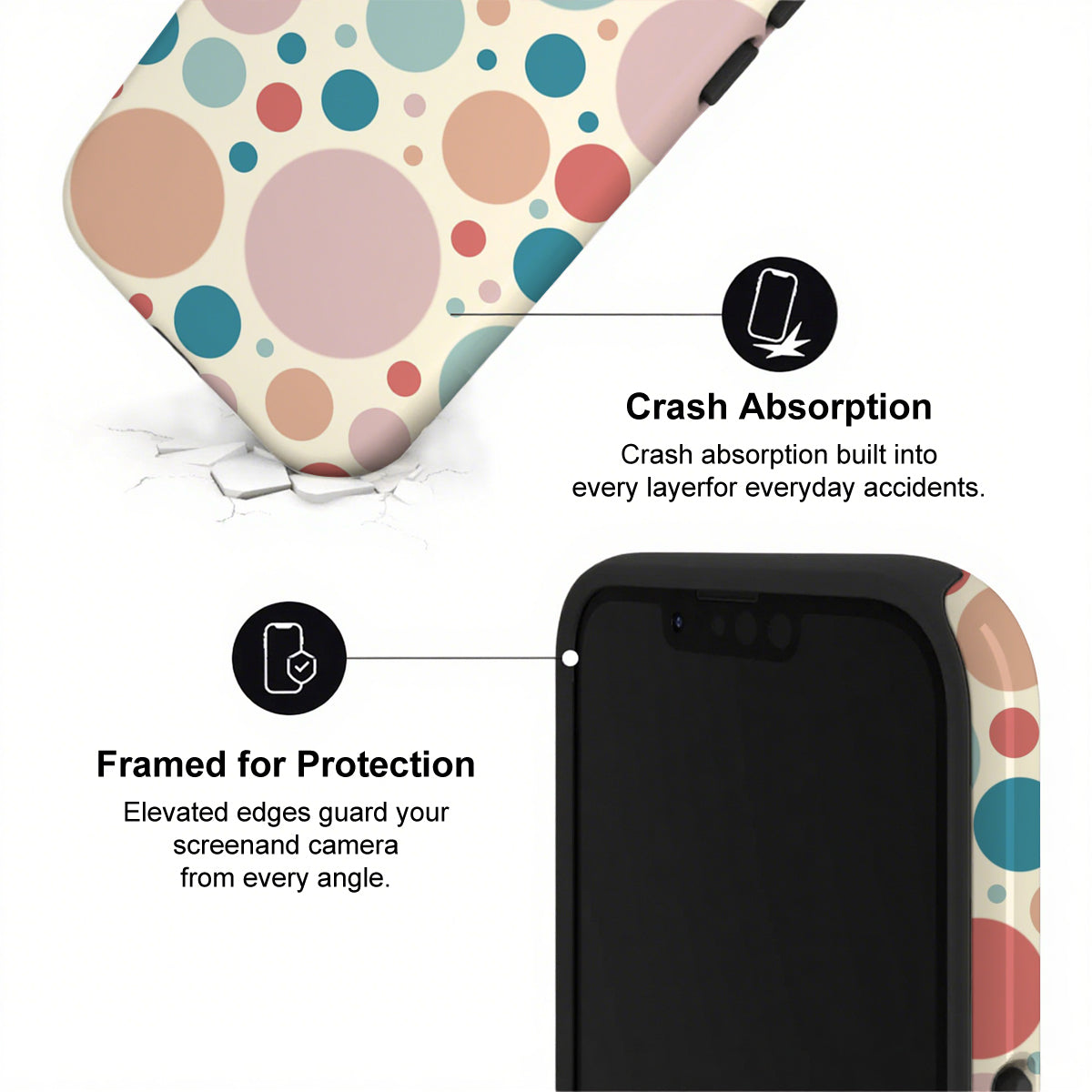 Phone case with colorful polka dot design and text highlighting crash absorption and protection features.