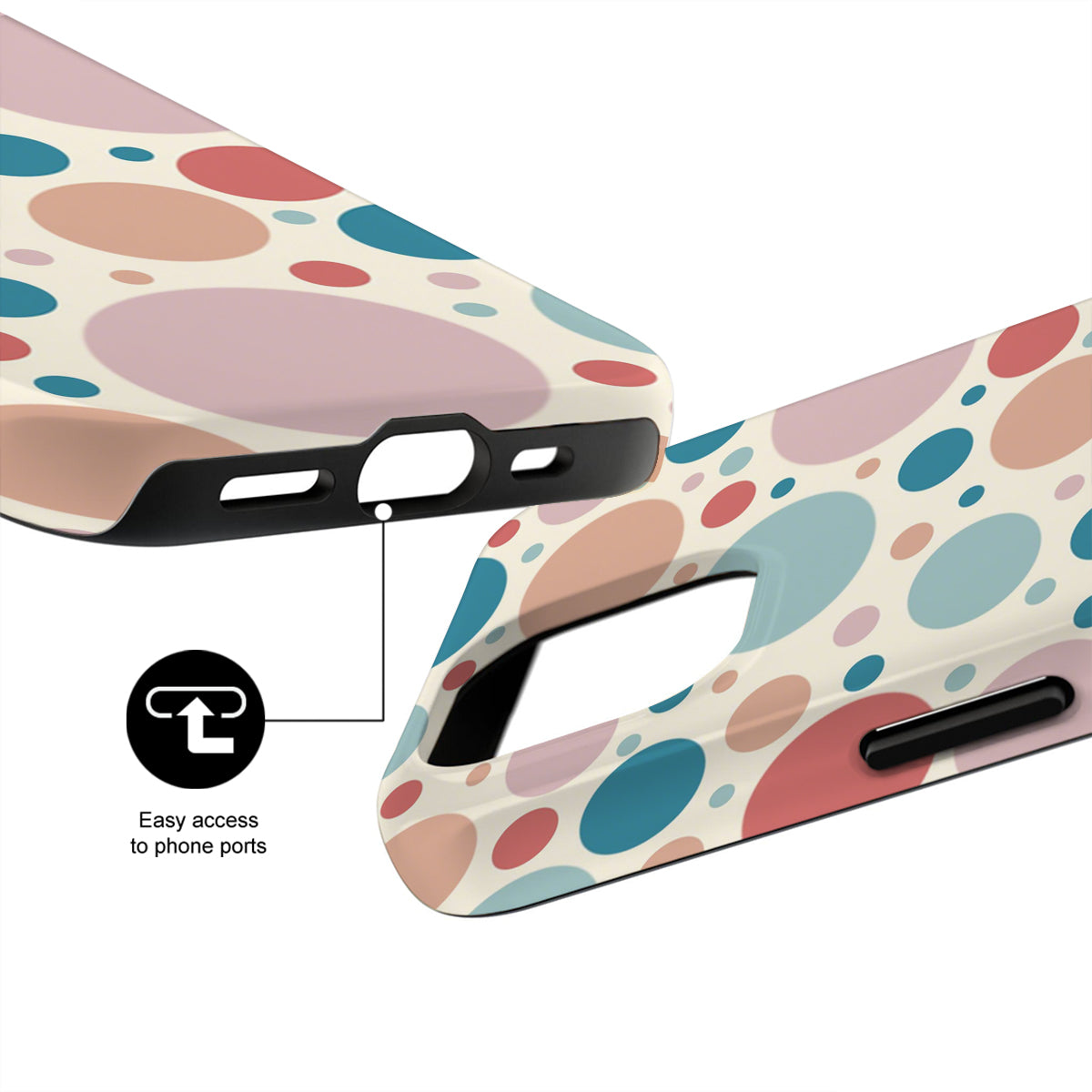 Polka dot phone case with ports easily accessible feature