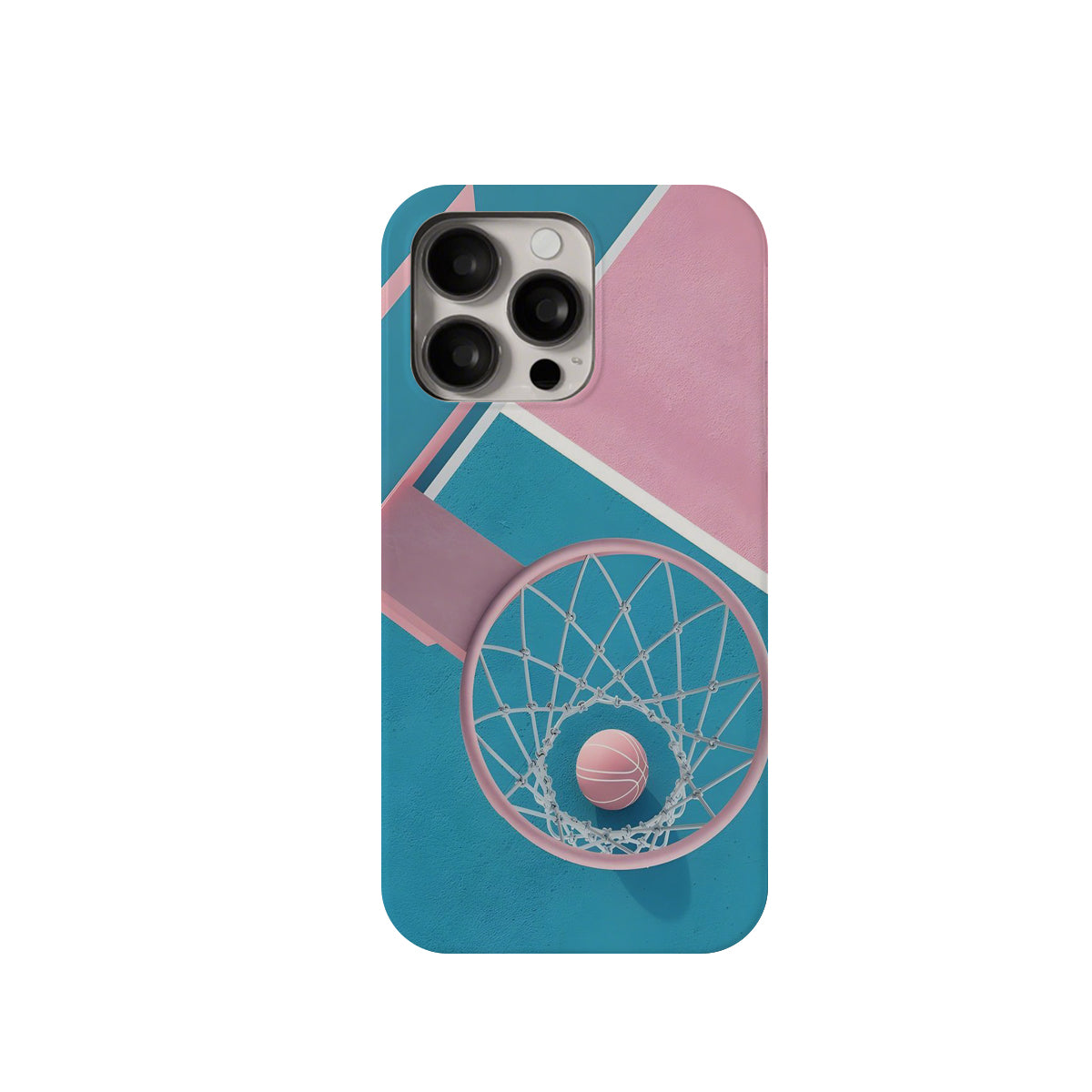 Phone case with basketball design on a blue and pink background