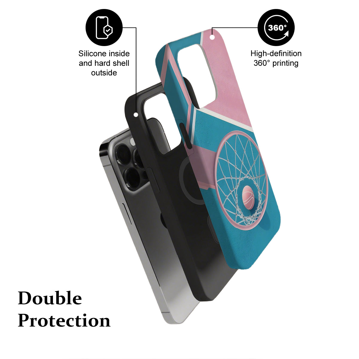 Phone case with design and text highlighting features on a white background