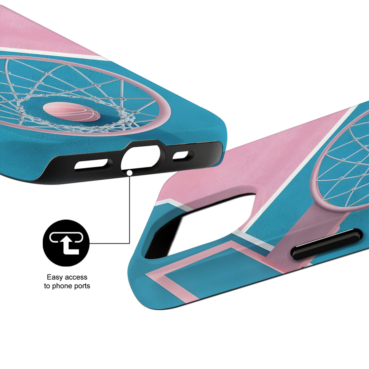 Phone case with pink and blue design and text 'Easy access to phone ports'.