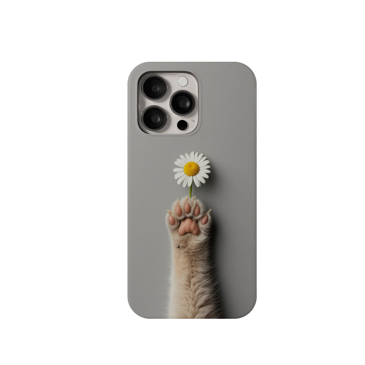 Phone case with a cat's paw holding a flower on a gray background