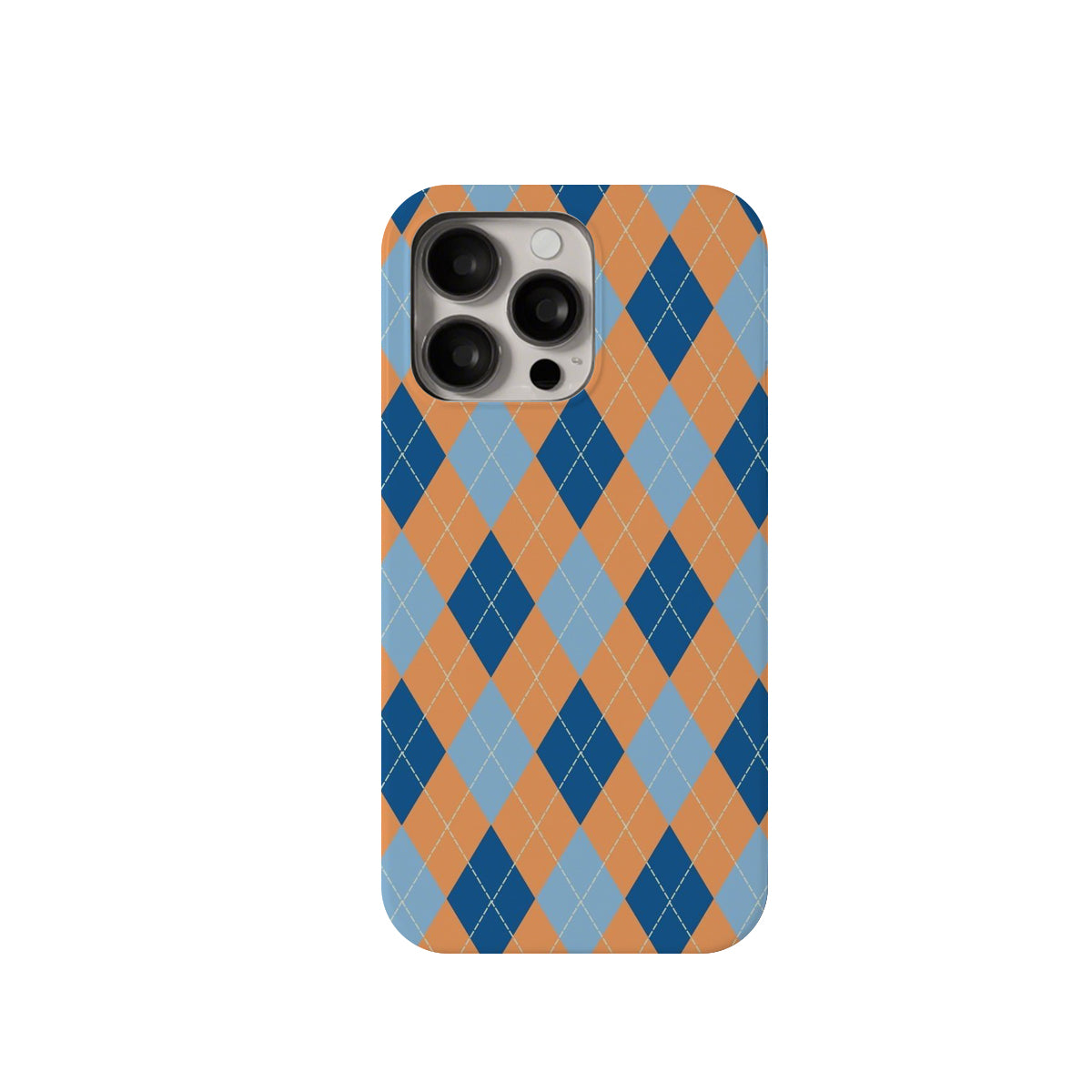 Phone case with blue and orange argyle pattern on a white background