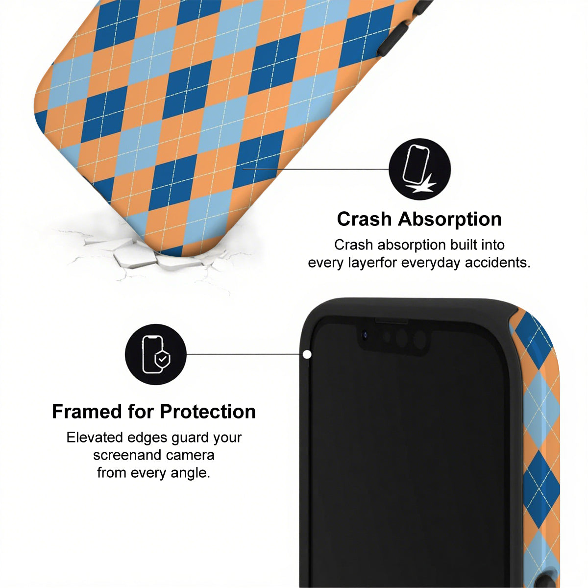 Phone case with argyle pattern and text highlighting crash absorption and protection features.