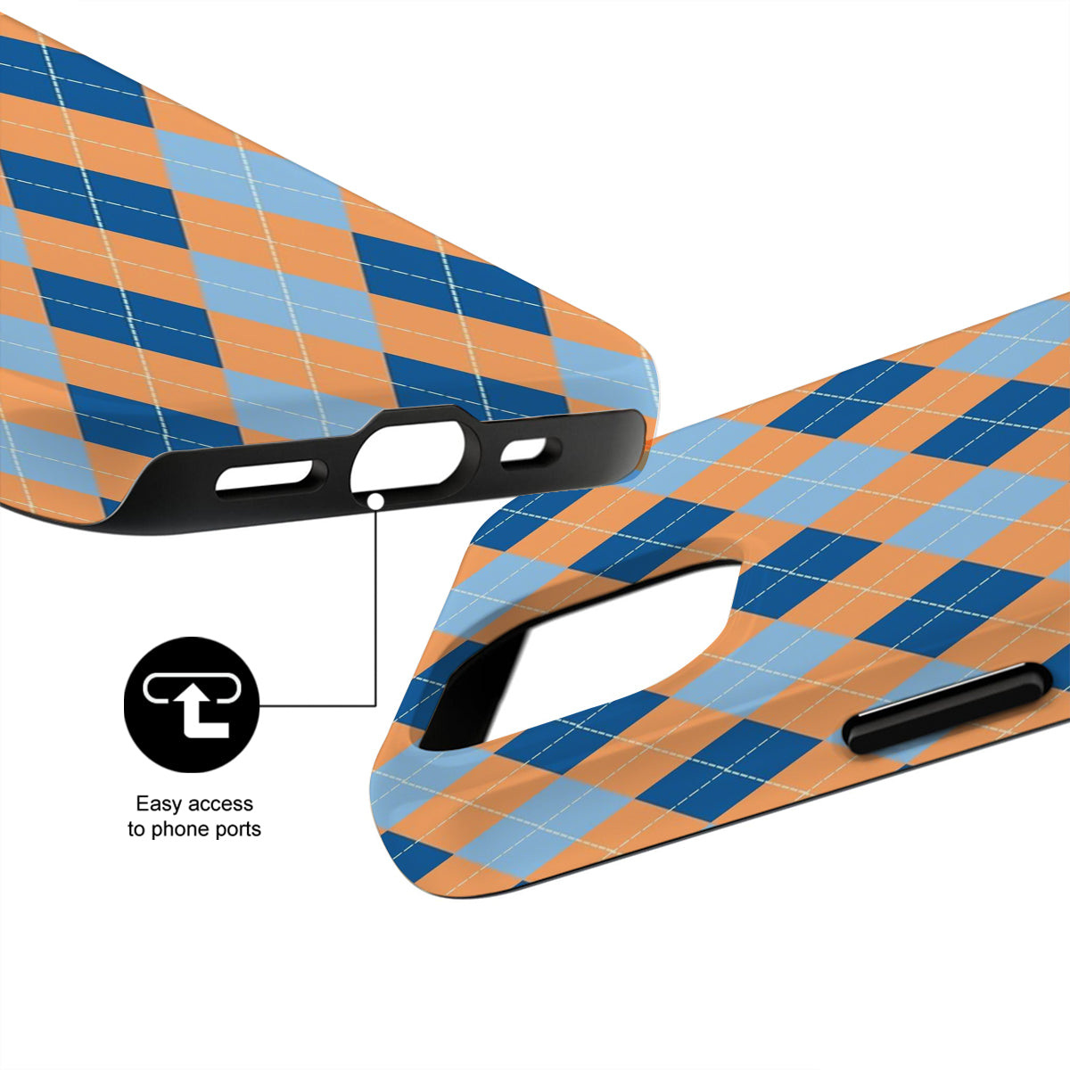 Checkered phone case with phone ports highlighted on a white background