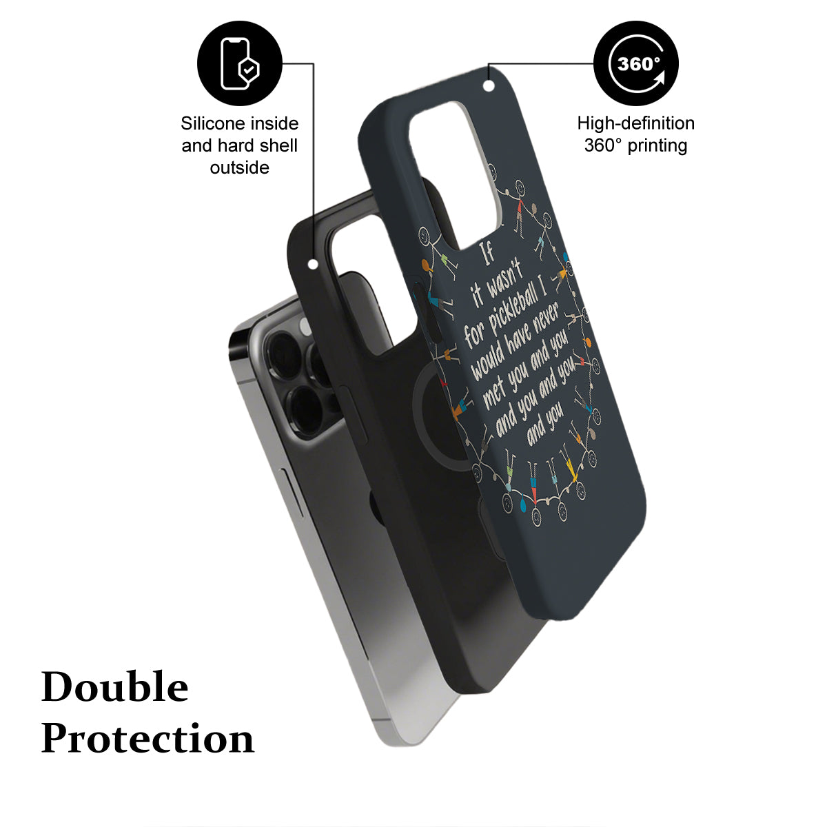 Phone case with text and design, showing features like silicone inside and hard shell outside, and high-definition 360° printing.