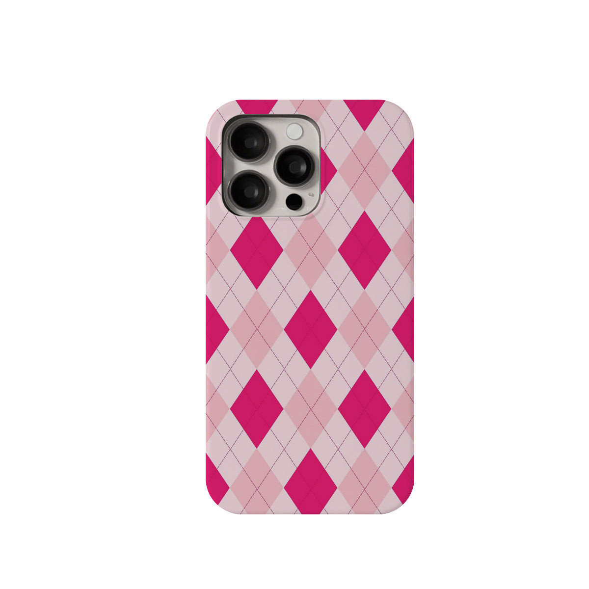 Phone case with pink and white diamond pattern on a white background