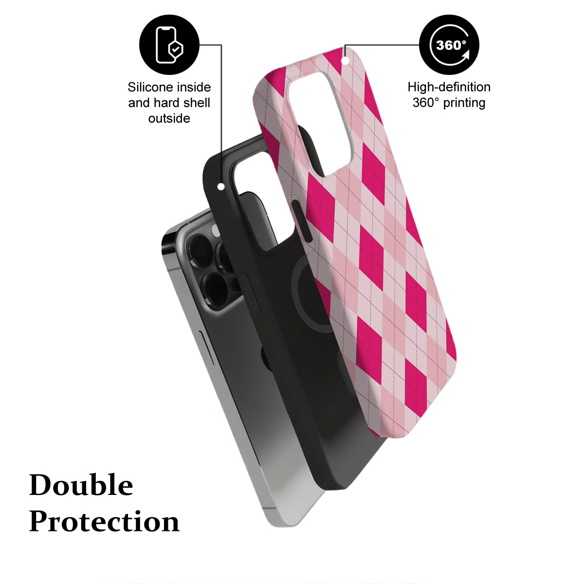 Phone case with pink and white checkered design on a white background