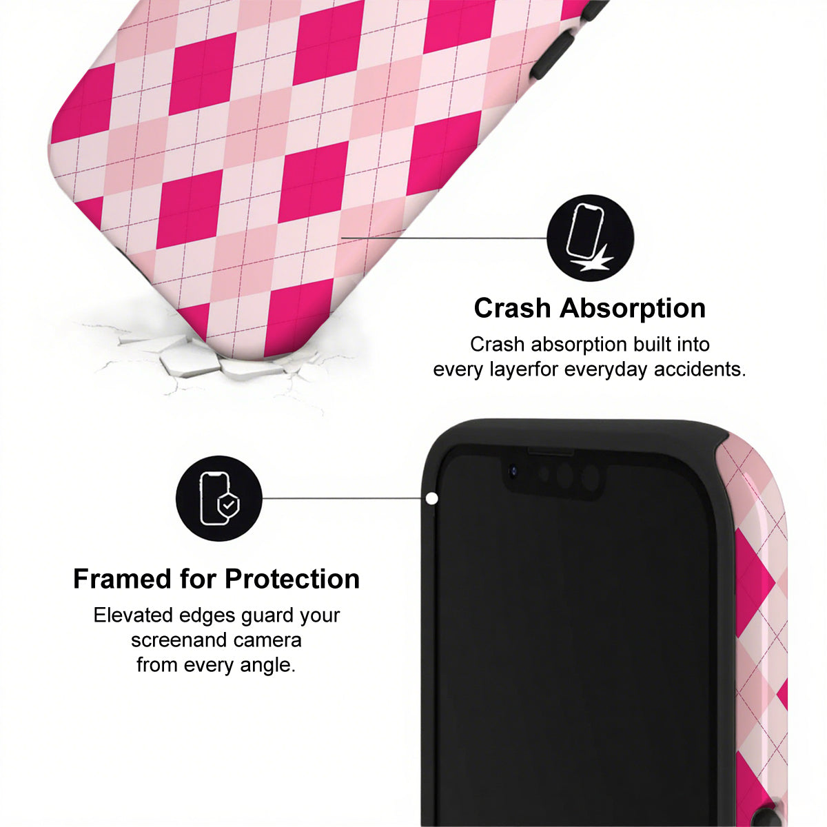 Phone case with pink and black checkered pattern and text about crash absorption and protection.