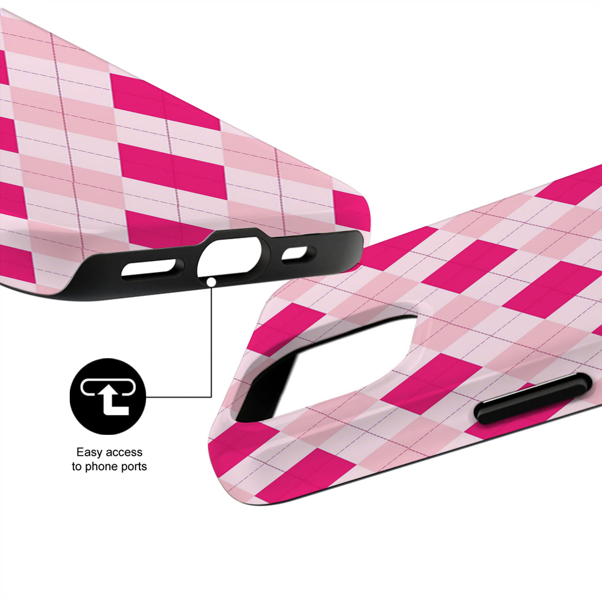 Pink and white checkered phone case with black ports on a white background