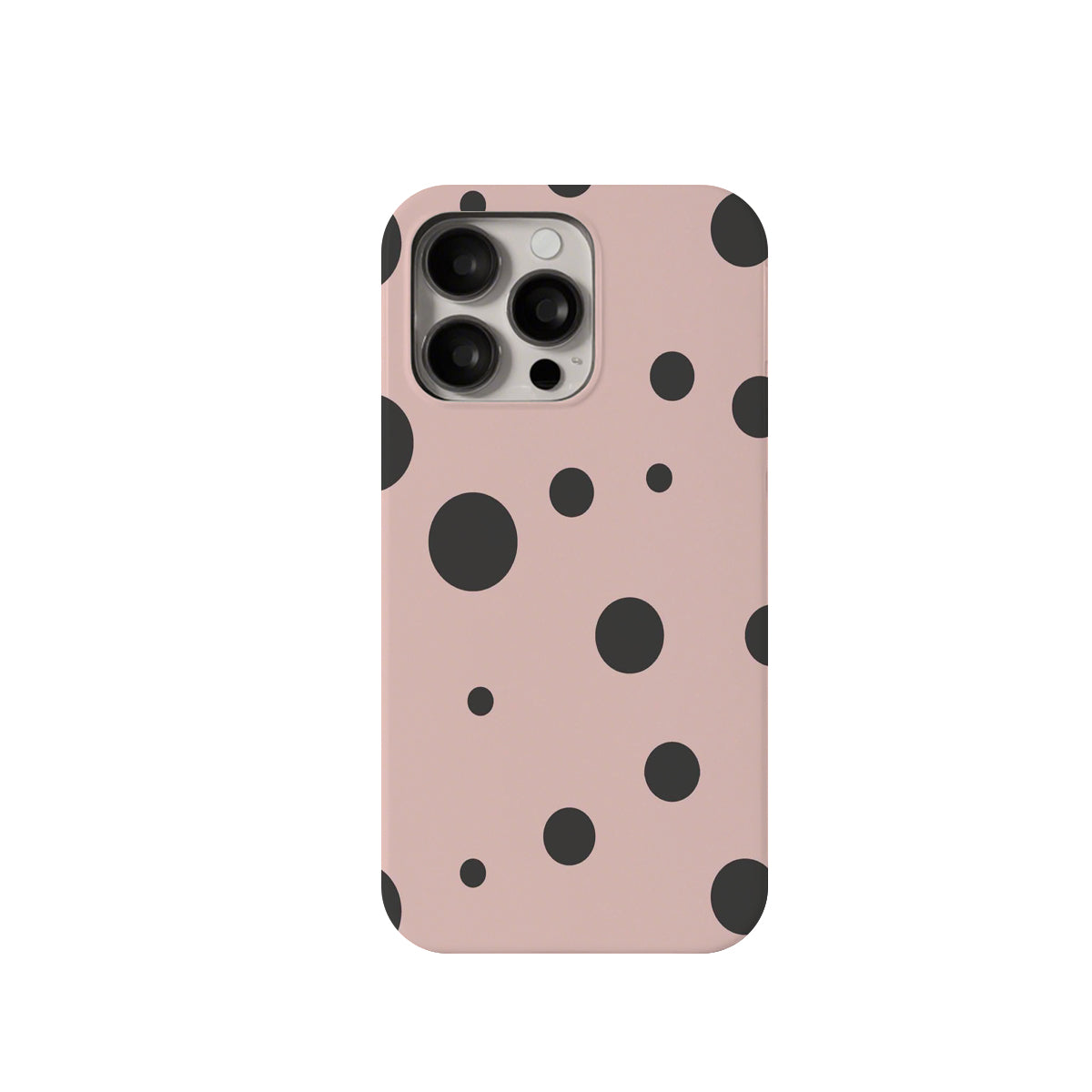 Phone case with black polka dots on a pink background