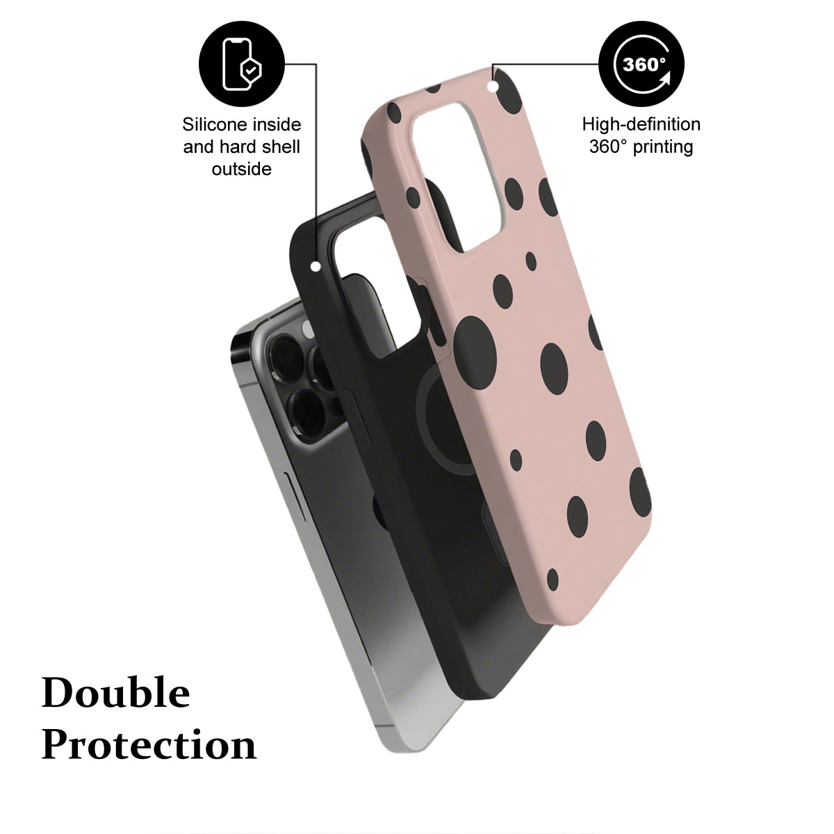 Phone case with polka dot design and text highlighting features on a white background