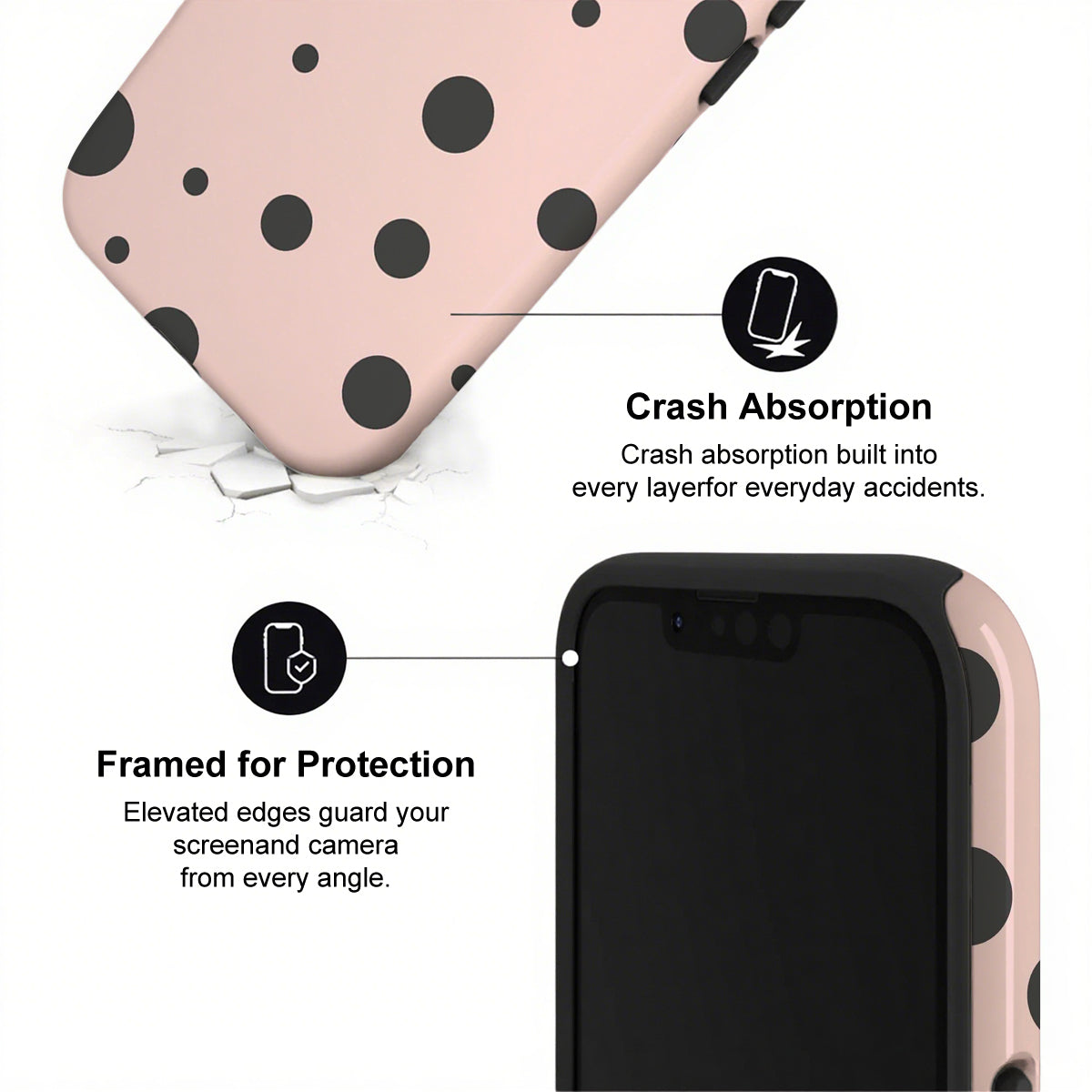 Phone case with polka dot design and text highlighting crash absorption and protection features.