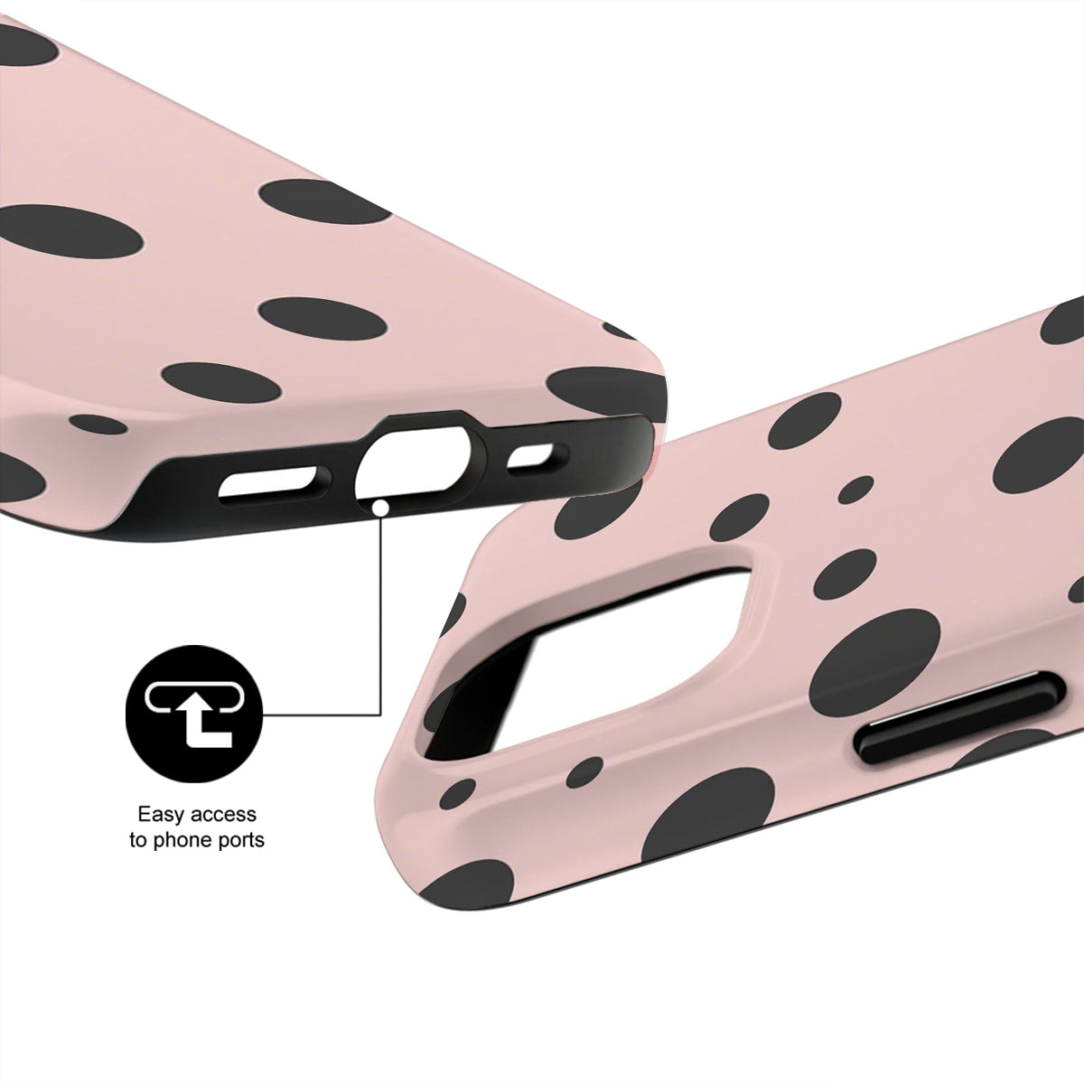 Pink phone case with black polka dots and easy access to phone ports feature.