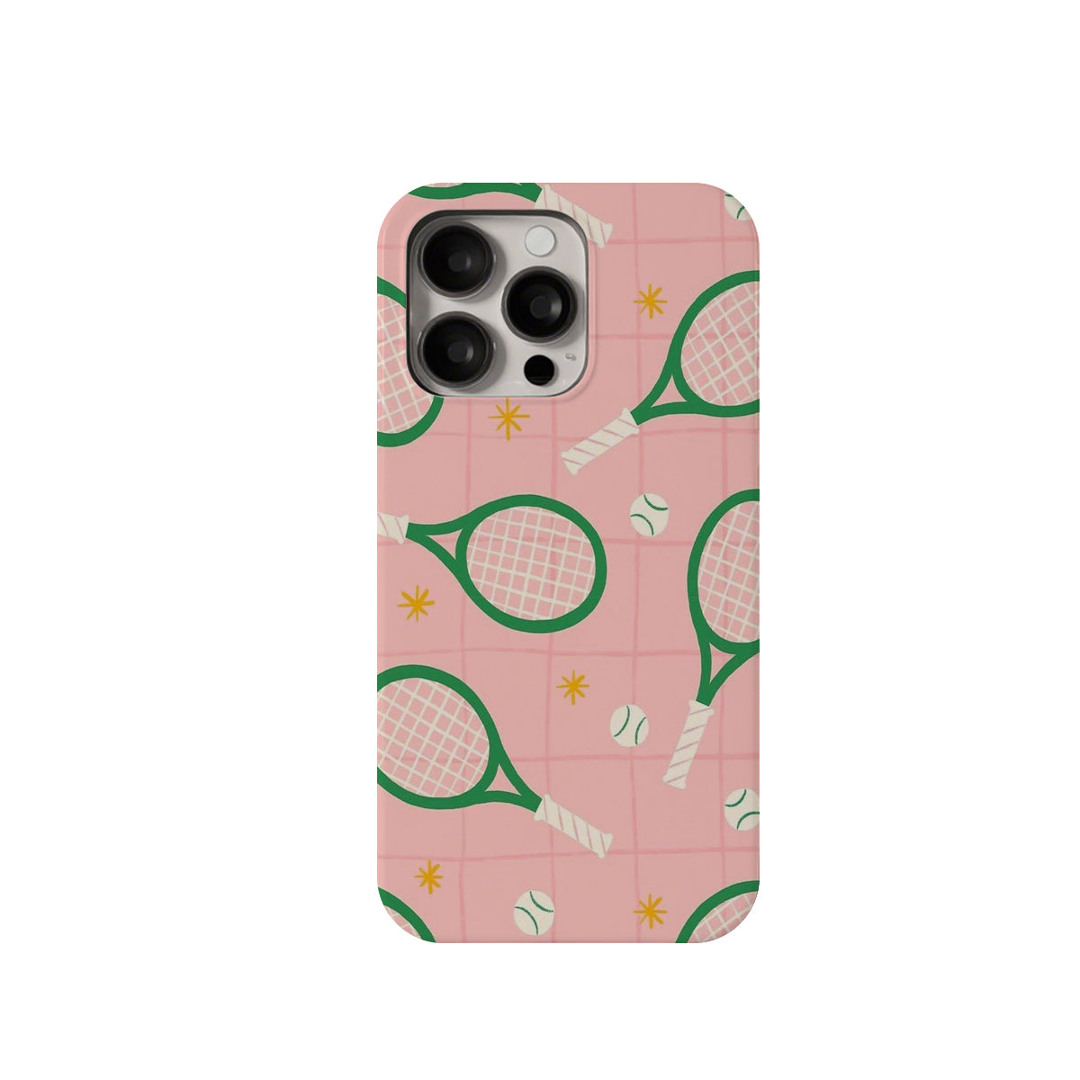 Phone case with tennis racket and ball pattern on a pink background